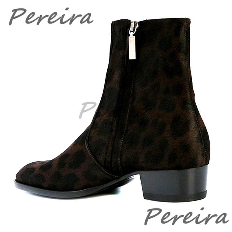 Men's Retro Leopard Horse Hair Chelsea Boots Genuine Leather Zipper Med Heel Ankle Boots Autumn Winter Trend High Top Shoes