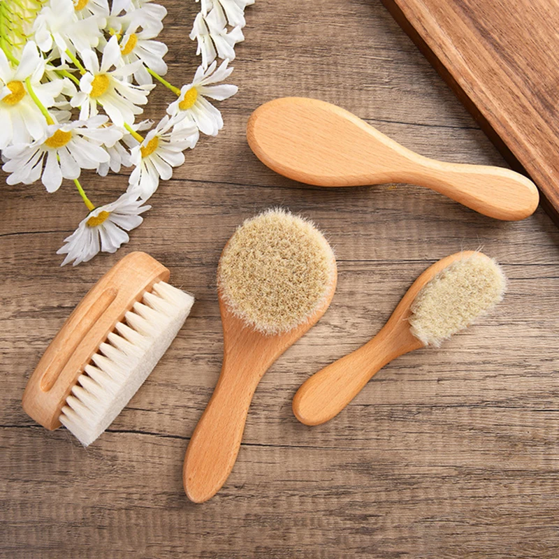 Cepillo con mango de madera para bebé, cepillo de pelo para recién nacido, peine infantil, masajeador de cabeza