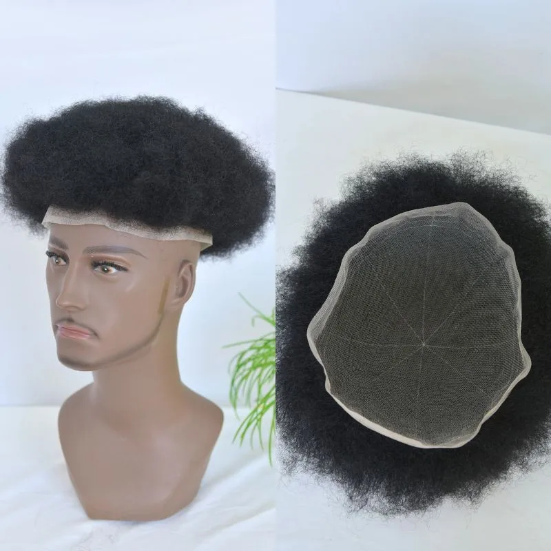 

Полностью швейцарская кружевная накладка для волос для чернокожих мужчин, из натуральных волос, афро-кудрявый парик 4 мм, мужской парик 10X8''1B # Черный цвет