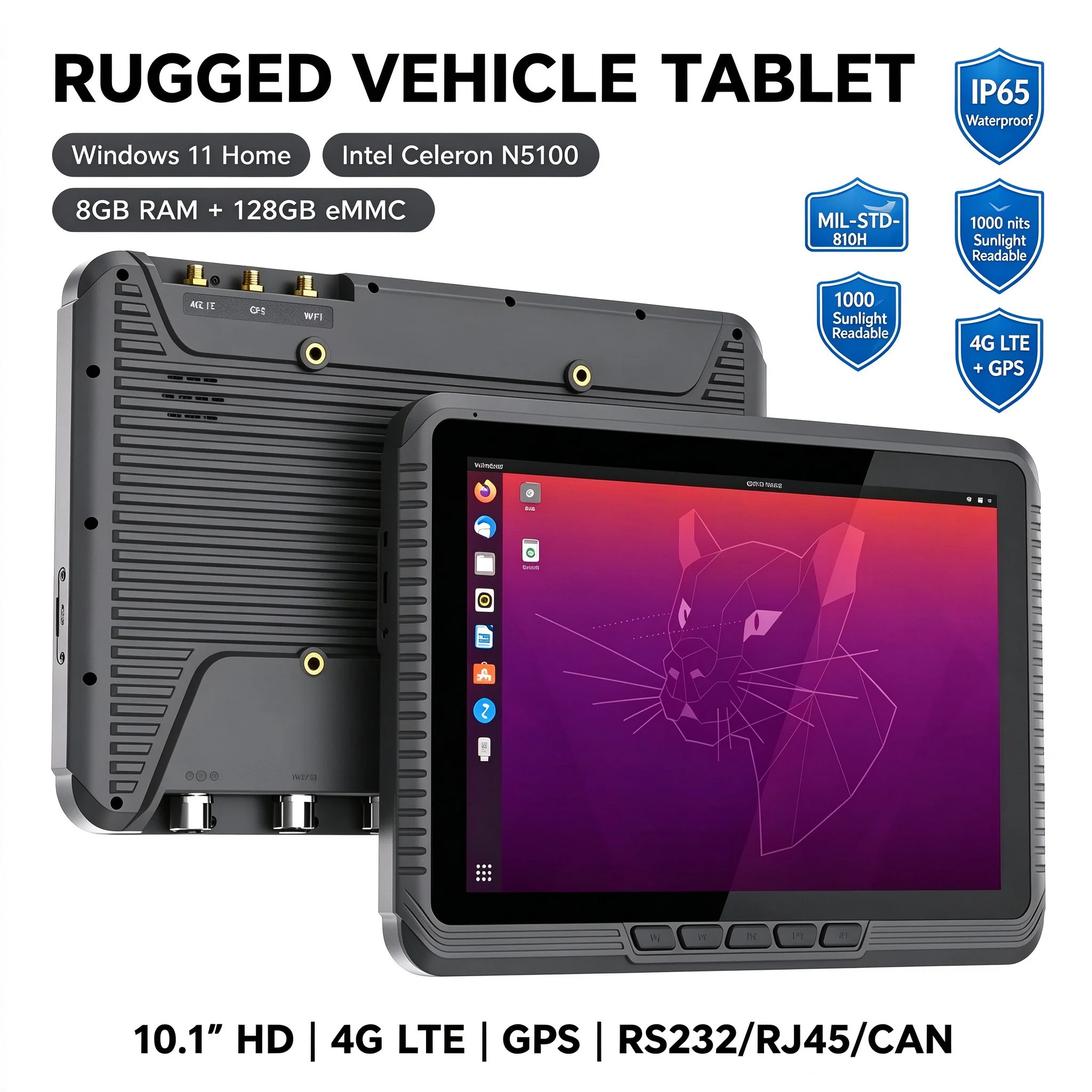10.1Inch Rugged  Waterproof Shockproof Vehicle Tablet Intel N5100 8GB 128GB IP65 1000nits Industrial Tablet with 4G LTE GNSS M12