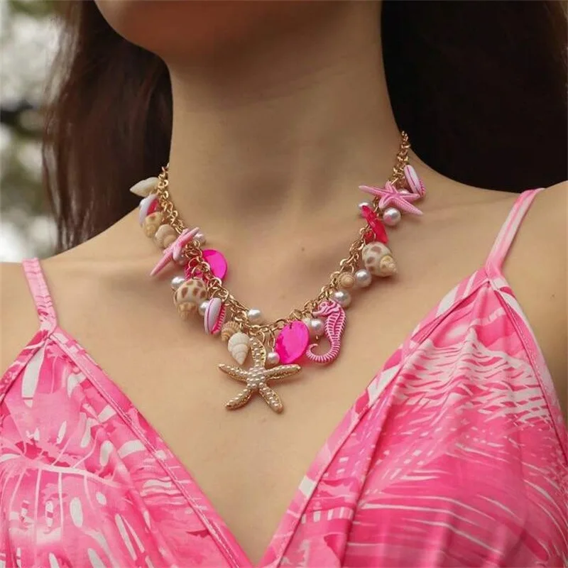 

Summer Beach Jewelry Starfish Series Pearl Starfish Conch Shell Necklace Women's Multi-Element Beaded Crystal Necklace
