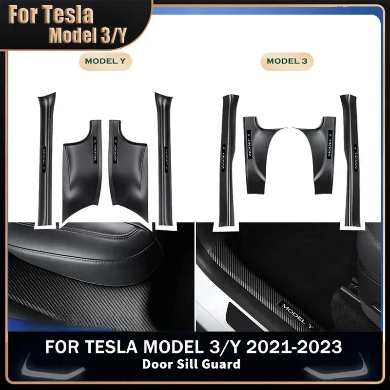 

Car Door Sill Guard Strip Sticker For Tesla Model 3/Y 2021-2023 Accessories ABS Carbon Fiber Pattern Interior Mouldings