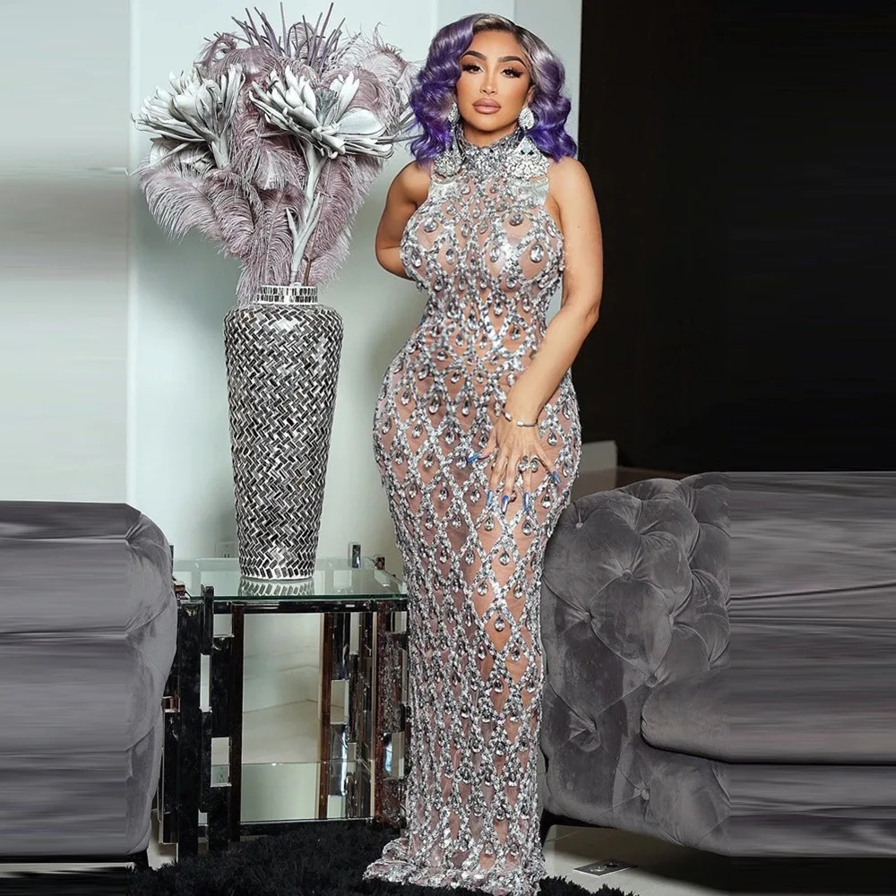 

Women Luxury Sparkling Rhinestones Diamonds Mesh Bodycon Maxi Club Party Dresses Sexy Sleeveless Halter Backless Split Long Robe