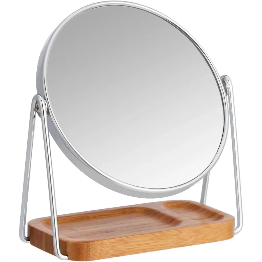 

Vanity Round Tabletop Mount Mirror with Squared Bamboo Tray Magnification Chrome 7.2"L x 3.35"W