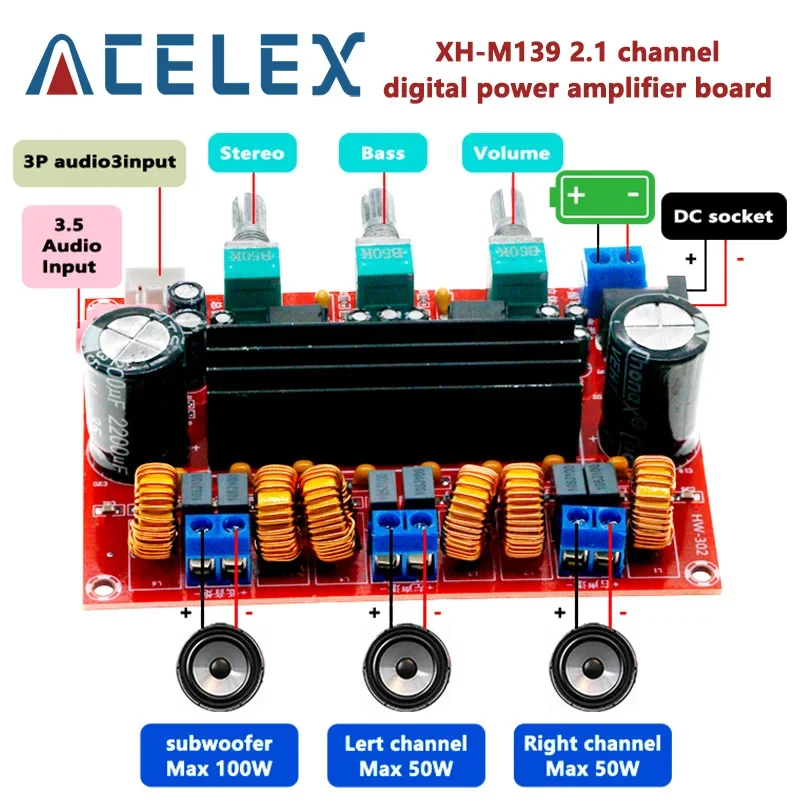 XH-M139 2.1 channel digital power amplifier board 12V-24V wide voltage TPA3116D2 2*50W+100W