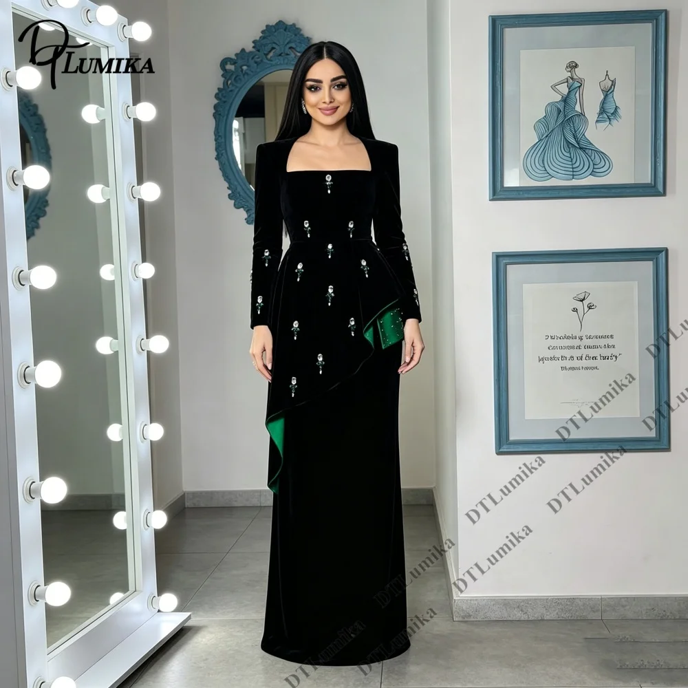 Robe de soirée midi noire perlée DTLumika, robes de cérémonie noires intemporelles, col carré, manches longues, photos réelles, robes de bal