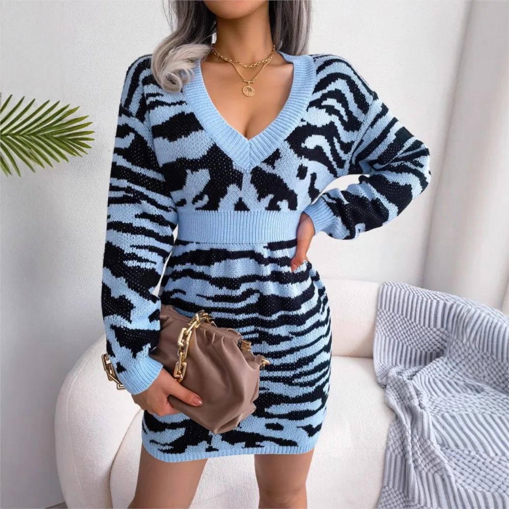 الخريف والشتاء أزياء النمر منقوشة فانوس الأكمام سليم صالح فستان من الصوف مكتب سيدة الخامس الرقبة أنيقة Bodycon قلم رصاص اللباس