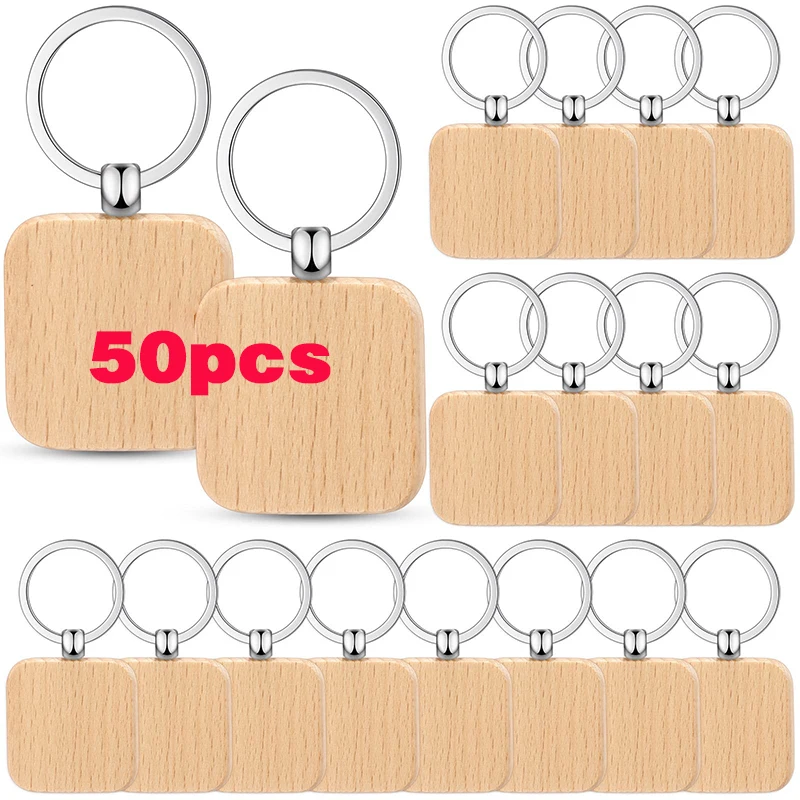 50 Piece Wood Keychain Small Gift Beech Wood Keyrings