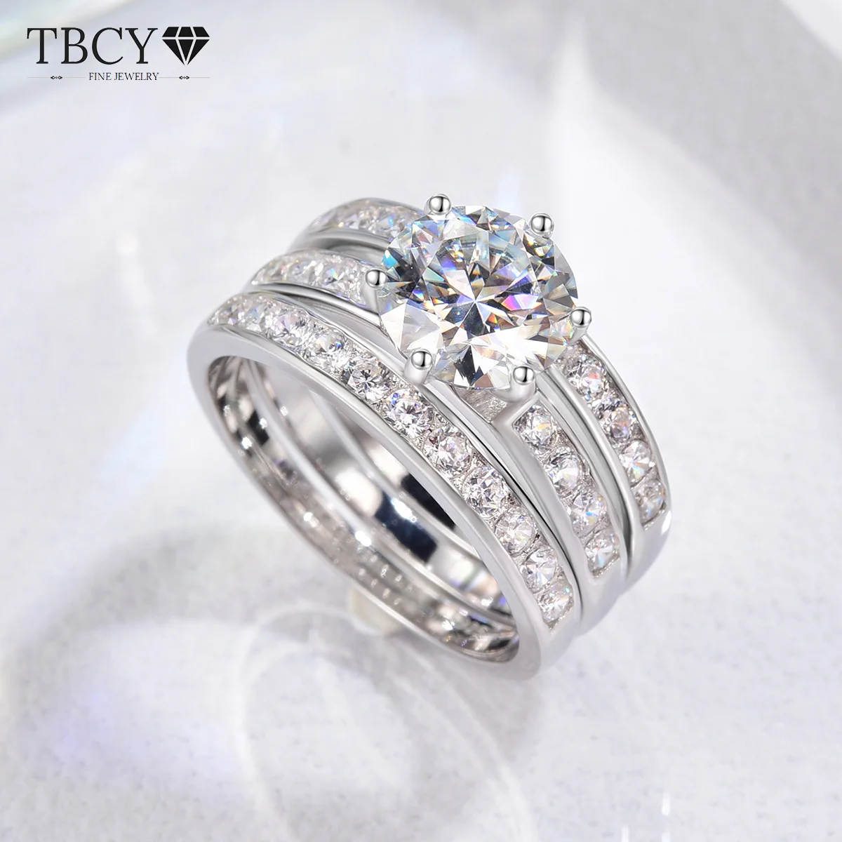 TBCYD 2CT 3 w 1 Moissanite Odpinane zestawy pierścionków do układania dla kobiet S925 Srebrny diament w kolorze D Obrączka ślubna Impreza Drobna biżuteria