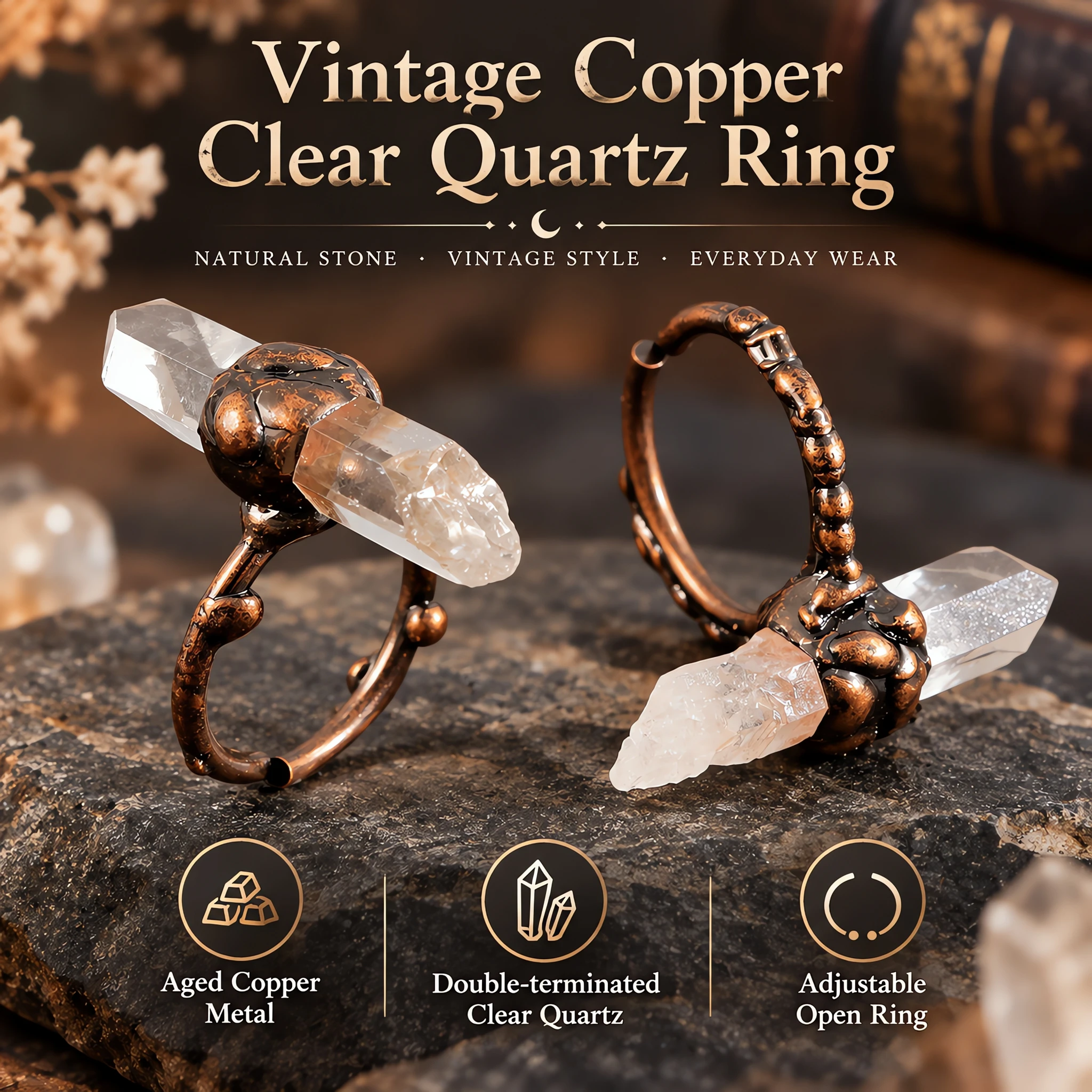 Vintage Aged Copper Double-Terminated Clear Quartz Crystal Column Open Ring for Women Statement Boho Adjustable Gift Jewelry