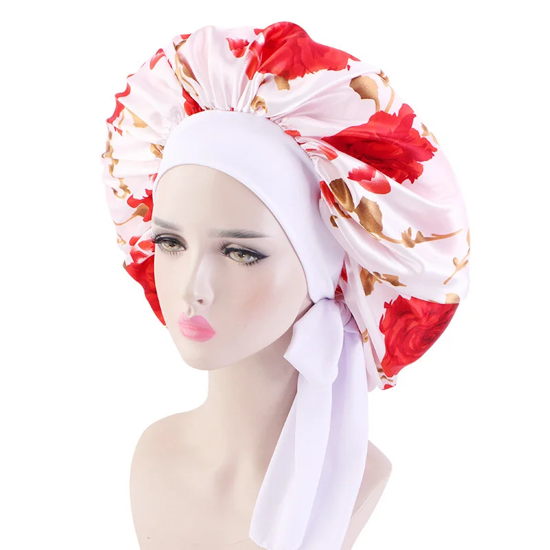 Women Satin Bonnet Hair Bonnet for Sleeping Hair Care Silk Bonnets Solid Wide-brimmed Sleeping Hat with Elastic Soft Band