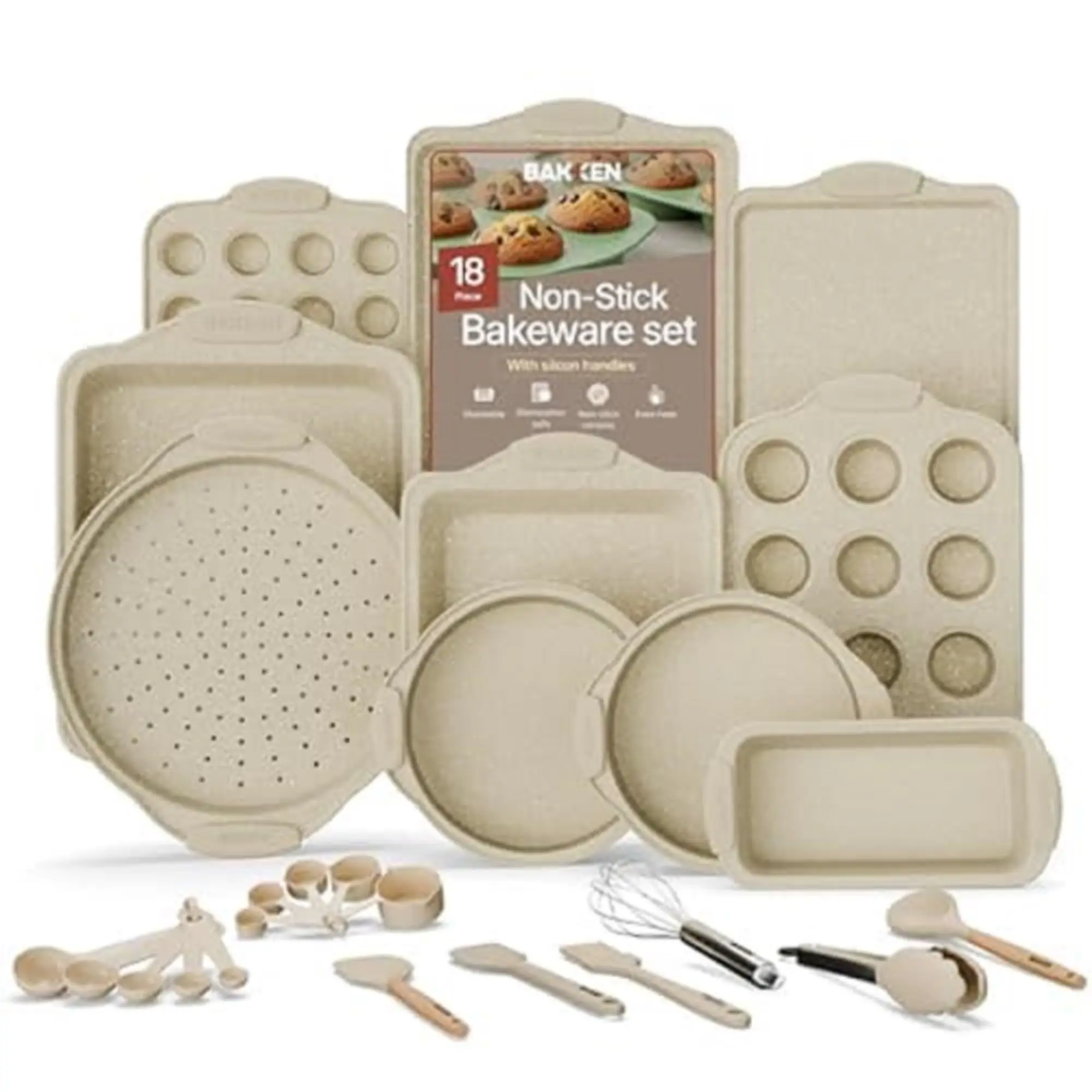 

18 Piece Kitchen Bakeware Set Carbon Steel Baking Pans with Silicone Handles Oven Use