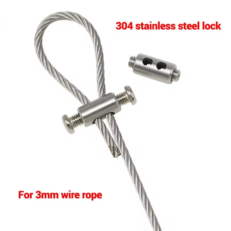 10PCS 3mm Stainless Steel Locking Double Hole Carabiner Wire Rope Fastening Accessories Adjustable Cable Locker Clamps