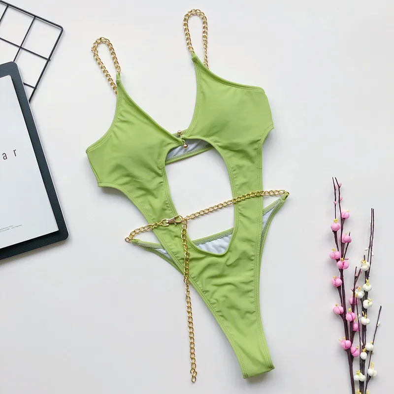 Sexy Solid One Piece Swimsuit with Gold Chain, Hollow Out Trikini Swimsuit Women Swimwear Cutout Bathing Suit Beachwear 2026 New