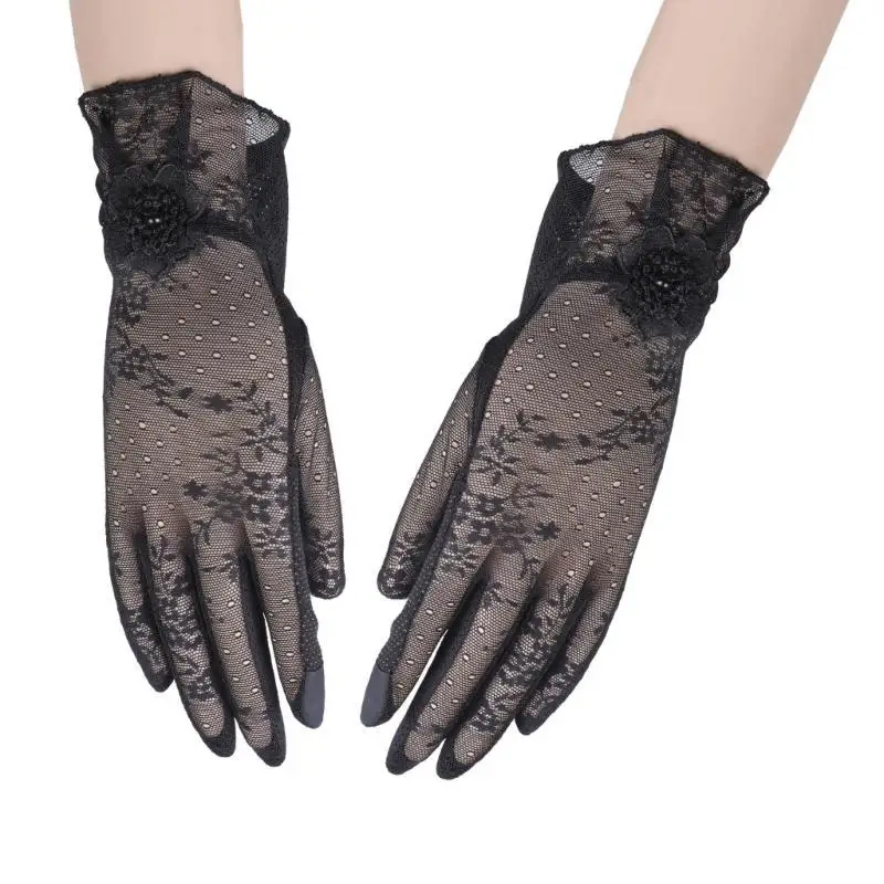 

652F Elegant Floral Decor Elasticity Gloves Bridal Wrist Lengths Lace Delicate Gloves