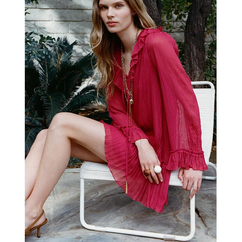 Vestido f de manga crida com decote em V, , com enfeites dous, decorações em camadas, saia psada, elegan...