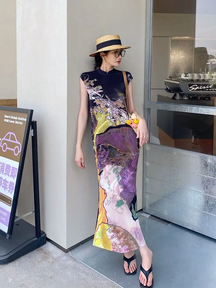 

Luxury Retro Pleated Print Maxi Dress Vacation Cheongsam Summer Dress Party Dresses Design Slim Mermaid Dress Vestidos De Mujer