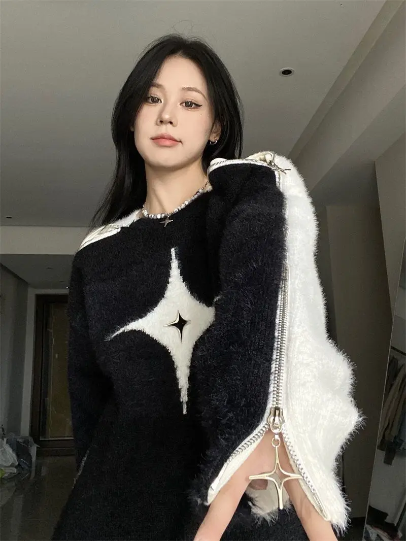 Retro Contrast Color Star Sweater Sexy Slash Neck Off Shoulder Long Sleeve Tops 2024 New Autumn Harajuku Fashion Y2k Jumpers