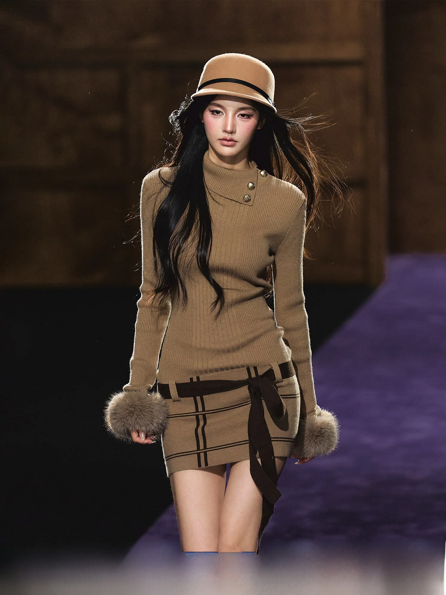 

AGAM Вязаное облегающее платье с высоким воротником и меховыми манжетами Pure Desire, короткая юбка, зимняя новинка, комфортное и мягкое