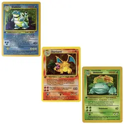 Juego de cartas de Pokémon de dibujos animados para niños, juego de colección de cartas en inglés, 1996, Ptcg, Charizard, Blastoise, Venusaur, 3 piezas