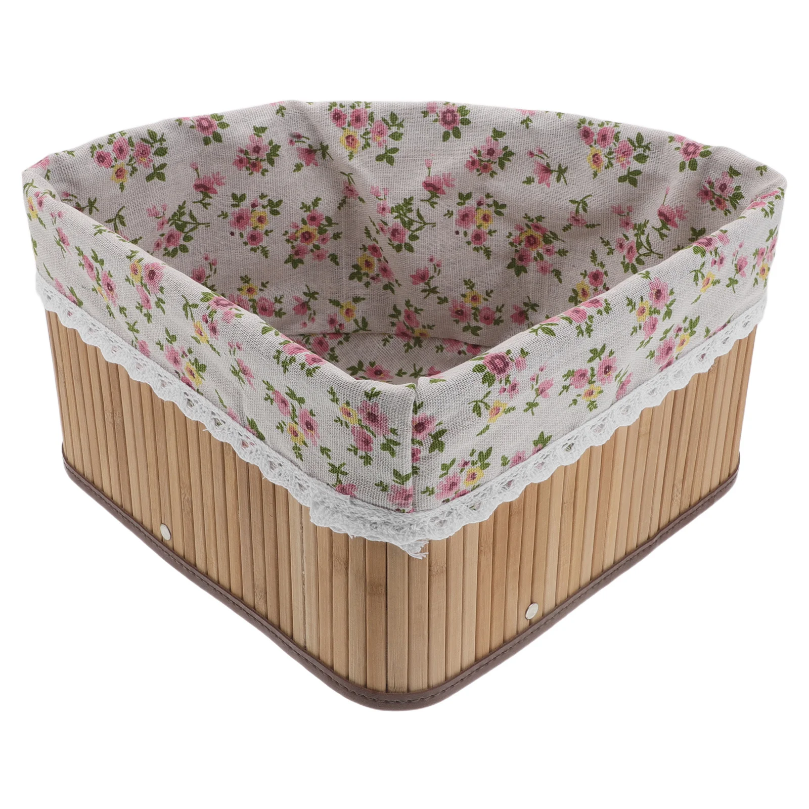 

Woven Bamboo Basket Fan Shape Corner Storage Basket Handmade Kitchen Organizer Floral Liner Pantry Shelf Decorative Storage
