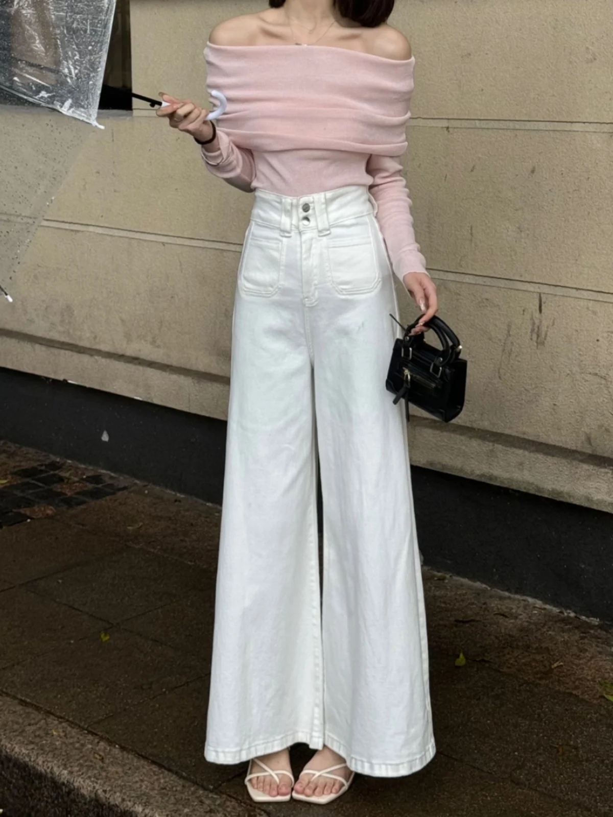 

Белая джинсовая юбка с высокой талией и широкими штанинами, женская весенняя новинка, утягивающий дизайн, корейская версия, длинные брюки, однотонные джинсы