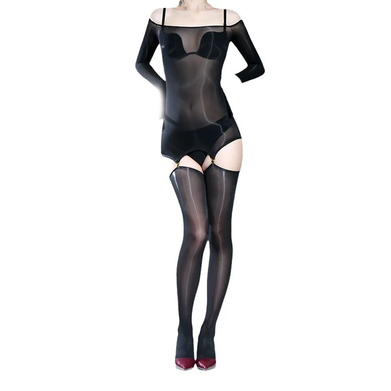 Sexy Women 6D Bandage Oil Glossy Shiny Hollow Out Bodysuit Sheer See Through Cosplay Maid Elastic Tights Leotard With Garter