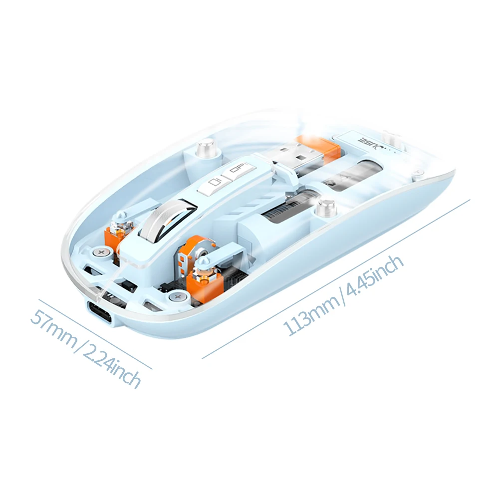 Rechargeable Bluetooth Mouse Wireless Mouse Transparent Shell Mouse with 2.4GHz USB 1600DPI Gaming Wireless Mouse for Laptop