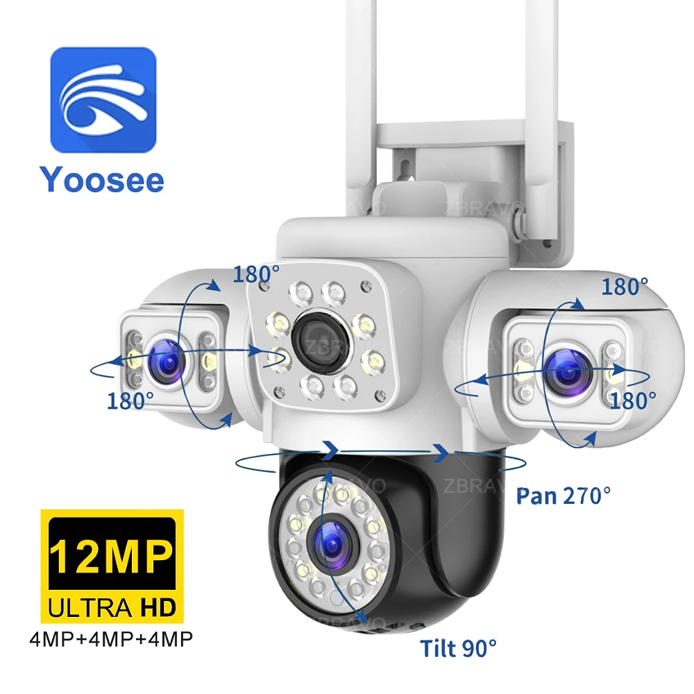 Yoosee 6K 12MP 3 Lens 3 Screens WiFi IP Camera Outdoor AI Auto Tracking Loop Recording Panoramic PTZ Wide Angle Home Security