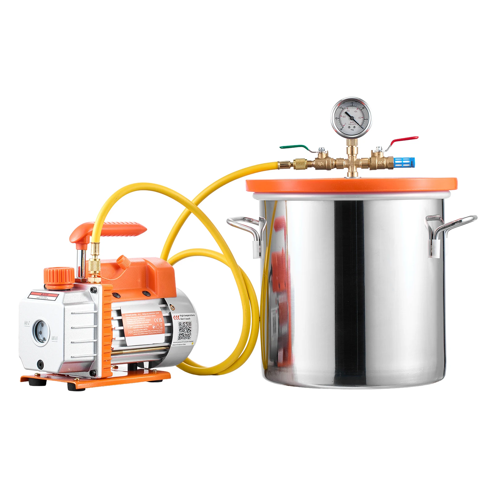 5 Gallon Vacuum Chamber with Pump, 3.5 CFM, 5 ft Hose, Single Stage Vacuum Pump, Stainless Steel Degassing Chamber Kit with Tempered Glass Lid, Designed for Stabilizing Wood Degassing Silicone Resin