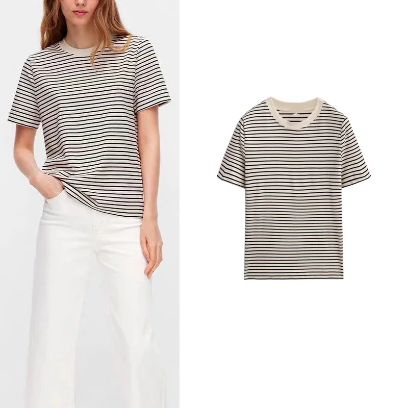 

Spring New Stand Version Cotton Tee Women's ort Sve round Ne Striped Basic Top Commute Sle Regular Thin Poly...