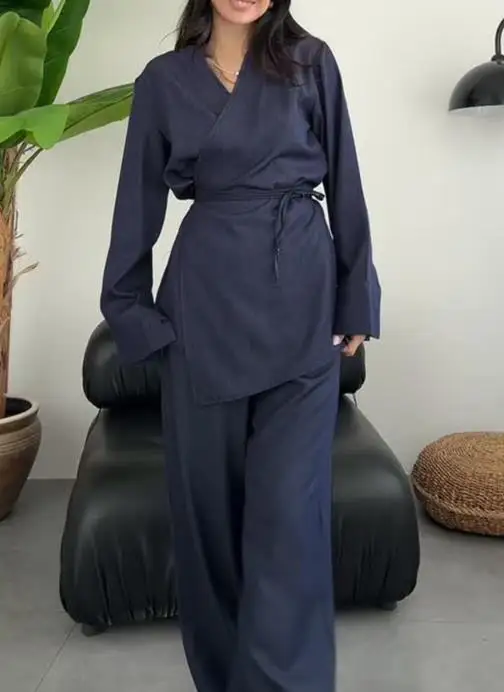 

Two Piece Set Women Outfit 2025 Spring Autumn New Solid Color Minimalist Lace Up Long Sleeved Top & Casual Wide Leg Pants Set