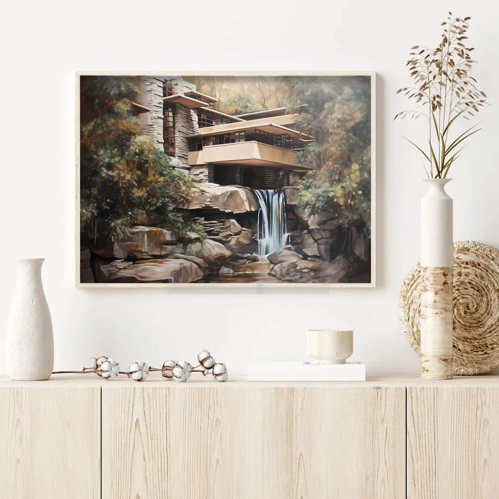 Fallingwater House Posters Frank Lloyd Wright Architecture Prints Canvas Painting Wall Art Pictures Home Room Modern Decoration