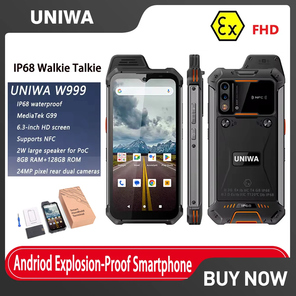 UNIWA W999 IP68 EX-Atex Explosion-proof Rugged SmartPhone 8GB+128GB 6.3" Helio G99 FHD Phone 4400mAh Andriod 13 NFC Mobile Phone