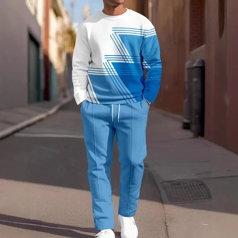 

Spring/Summer New Collection Men's Clothing - 3D Printed Round-neck Long-sleeved Polo Shirt and Pants Set - Casual Sports Outfit