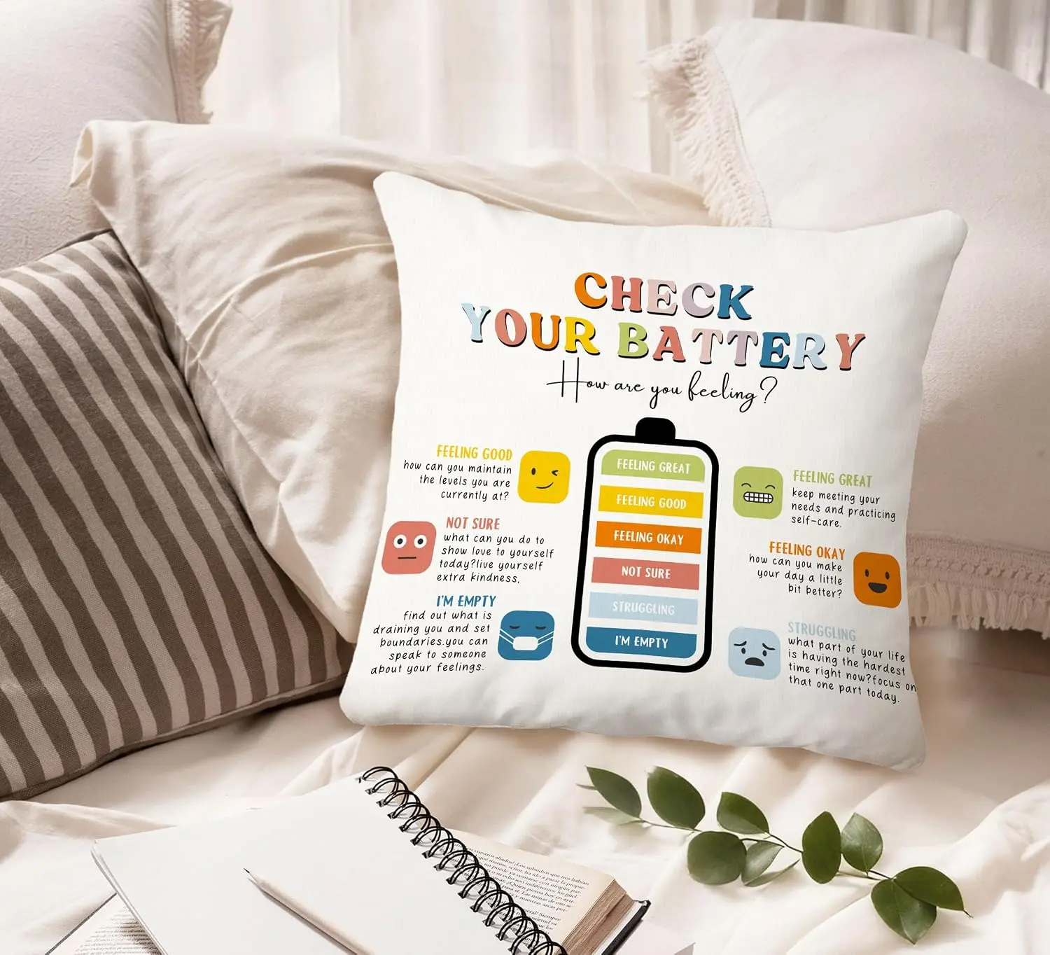 Mood Tracker Pillowcase Self Care Gift Mental Health Emotional Support Cushion Cover Print 45x45cm Decor