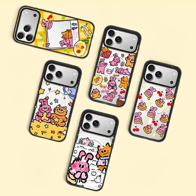 

Cartoon Pink Rabbit Orange Cat Acrylic Black Border Phone Cover for IPhone 12 13 14 15 16 17 Pro Max Case for IPhone 17Air