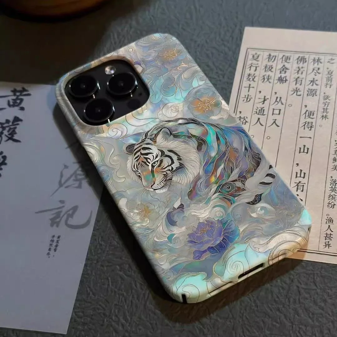 Chinese-style Tiger in Mist & Floral Pattern Mysterious Vibe Phone Case for iPhone 16 15 14 11 12 13 Pro Max Plus Back Cover