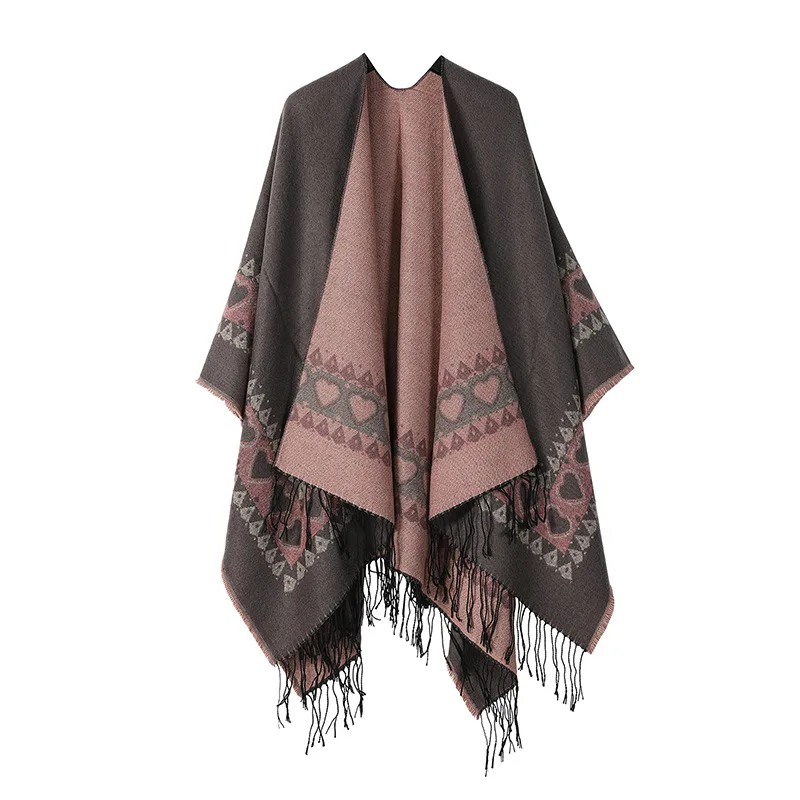 Poncho Nieuwe Split Warme Sjaal Vintage Etnische Stijl Sjaal Imitatie Kasjmier Kwastje Vrouwen Cape Dame Mantel Warme Jas Oranje P9
