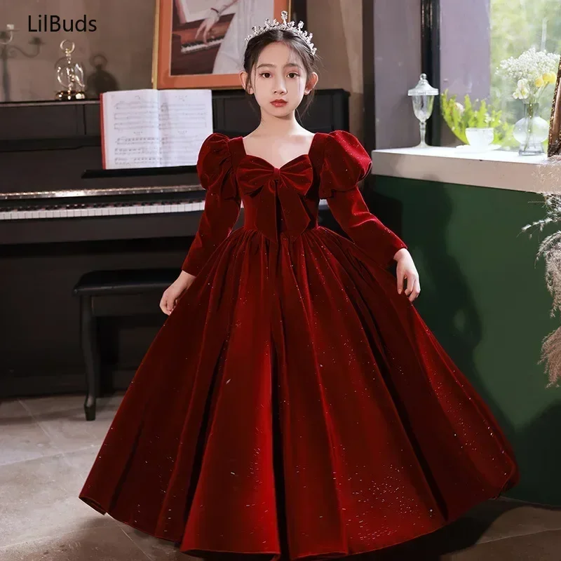 2024Girls Dresses for Party and Wedding Children Clothes Flower Costume Luxury Evening Long Red Dress Prom Elegant Autumn Spring