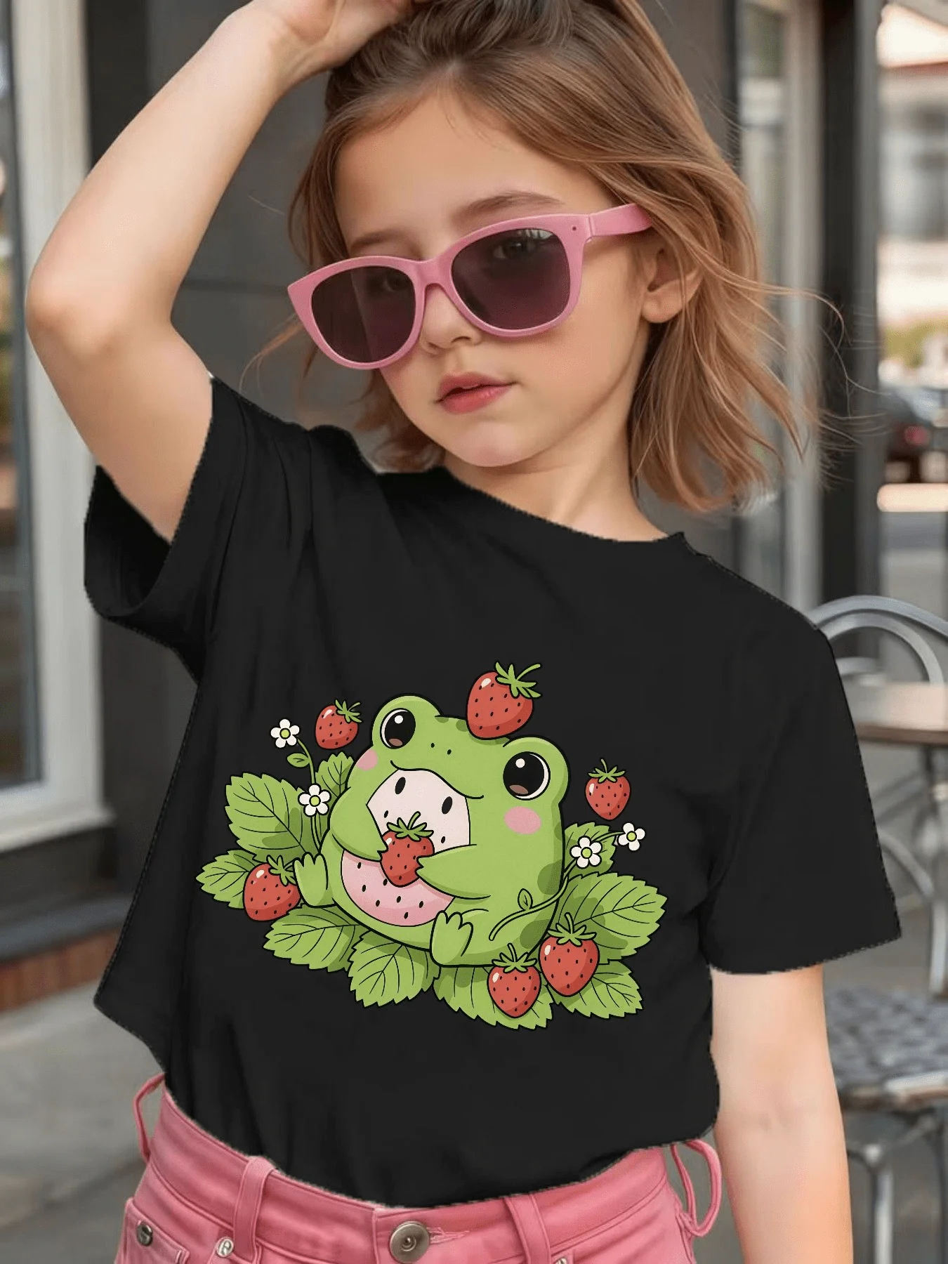 Strawberry Frog Floral Leaf Print Kids T Shirt Cotton Short Sleeve Boys Girls Parent Child Sweet Lovely Summer Daily Casual Tees
