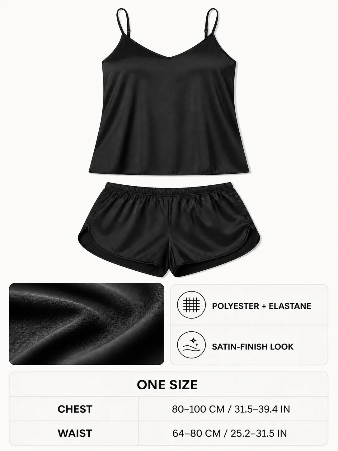 Damen-Pyjama-Set mit Satin-Finish, V-Ausschnitt, verstellbaren Trägern, Camisole und Shorts aus Polyester-Elasthan, Einheitsgröße, Nachtwäsche – Detail 3