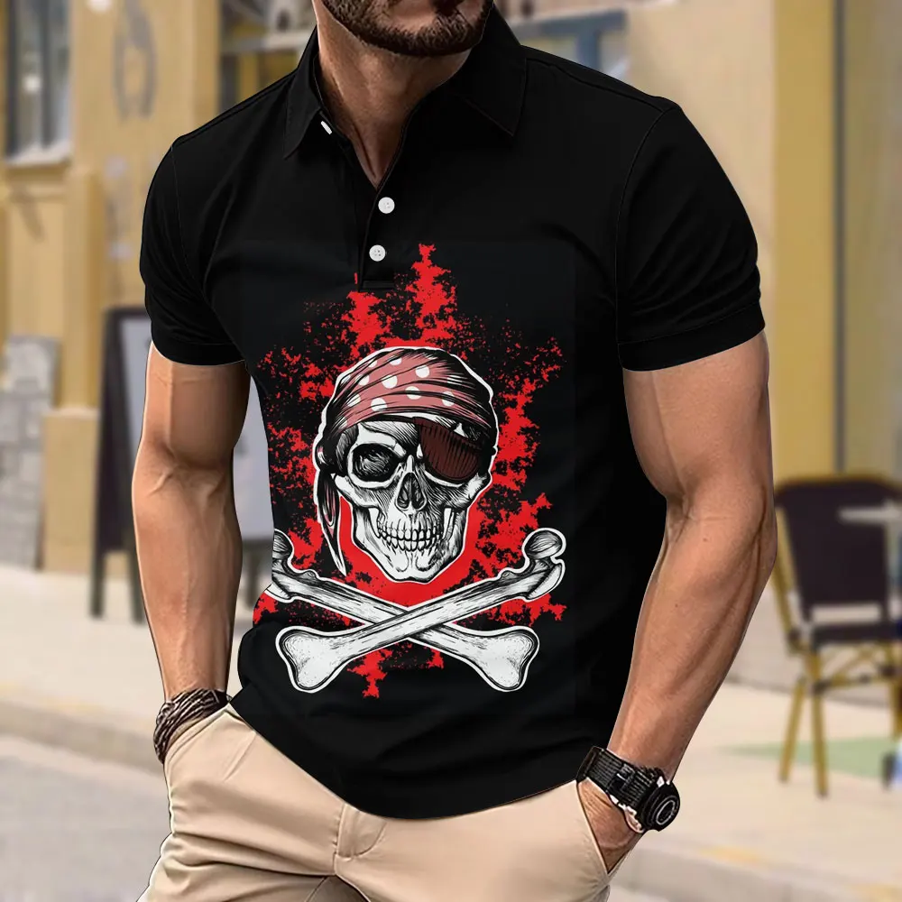 Fashion Skull Button Polo Shirt Skull Pattern Casual Short Sleeve Top T-shirt Summer New Mens Polyester Loose Large Size Clothes