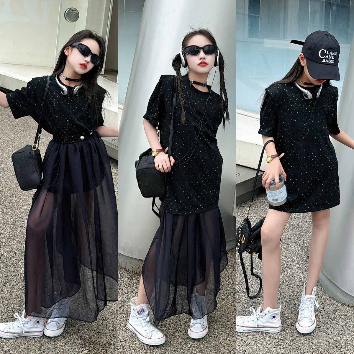 

fashion teen Childs Girls dress Sets Length T-shirt Dress Mesh Skirt Street Kids Clothing Summer Bright Diamond T Versatile Suit