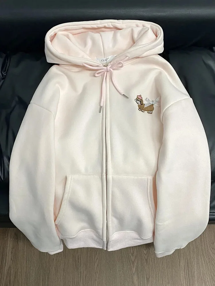

Cute Cartoon Embroidery Hoodies Women Sweet Bow Long Sleeve Pink Sweatshirts Loose Japan Kawaii Preppy Style Vintage Outwear Top