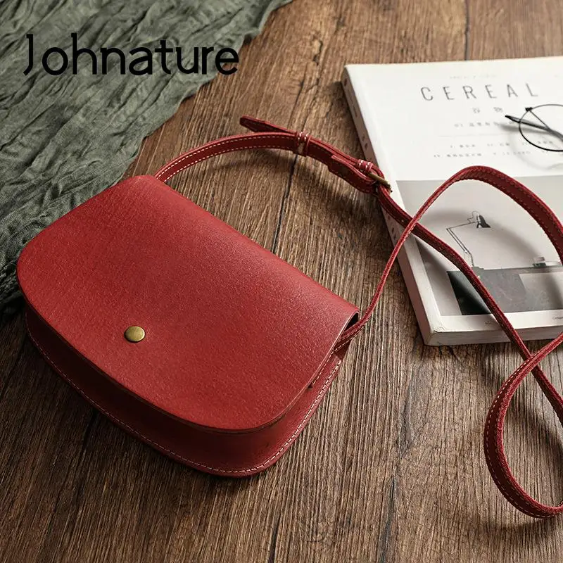 Johnature Simple Genuine Leather Crossbody Bags 2024 New Versatile Women Saddle Bag Vintage Natural Real Cowhide Shoulder Bags