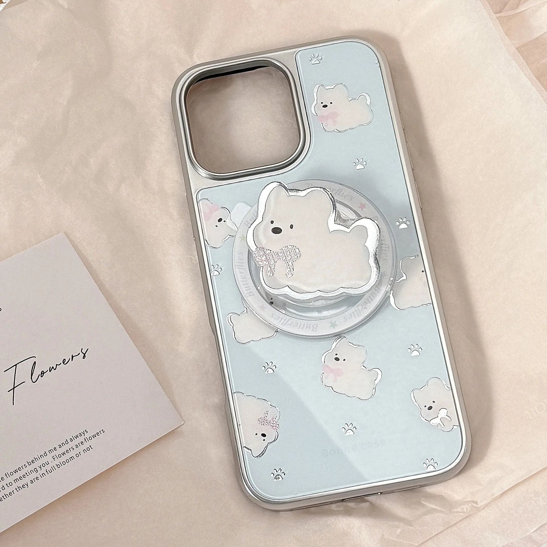 Koreanische silberne Randbeschichtung, Cartoon-Welpen-Halterung, magnetische Handyhülle für iPhone 17, 16, 15, 14, 13, 12, Pro Max, stoßfeste Hartschale