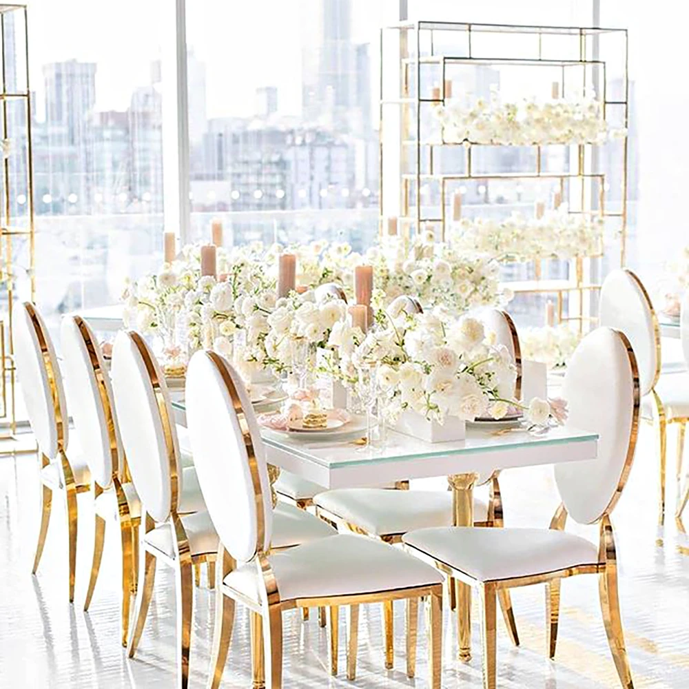 

Banquet Chair Dining Chair Modern Dining Table and Chairs Rectangle Gold Stainless Steel Best Selling Luxury for Wedding Hall