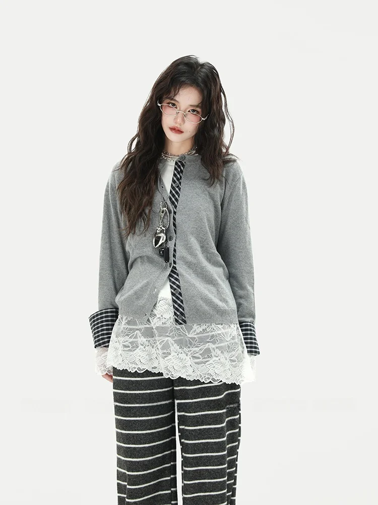 

Forlions nce Sle Knitted Sweater Plaid round Ne Splicing Slim Fit Women's Winter Faion High Quali Camere