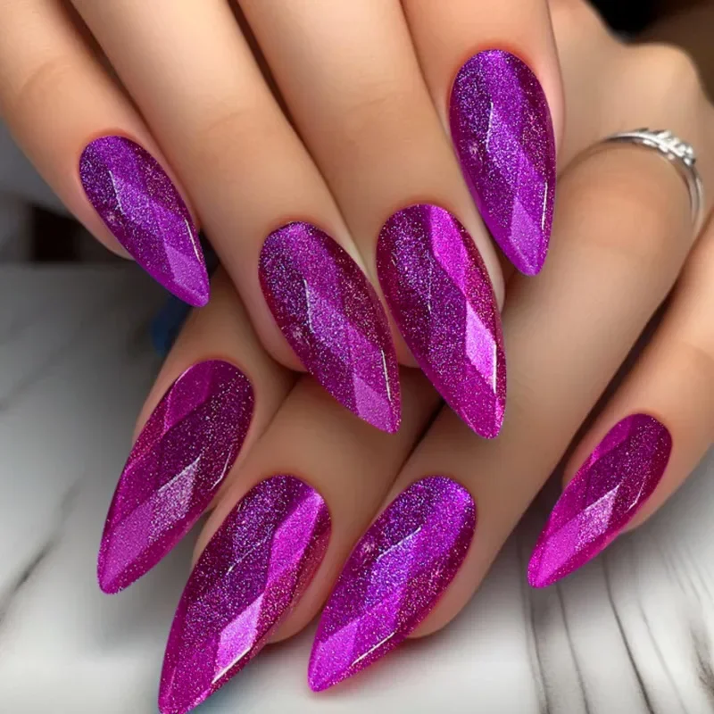 Full Cover European Fashion False Nail Tips with Irregular Diamond Design, Long Removable Reusable Press On Nails Manicure